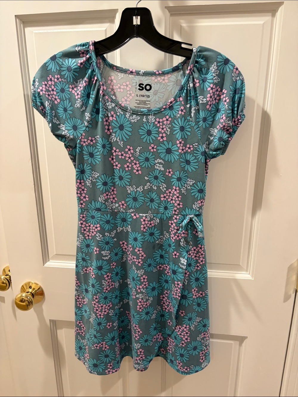 SO Teal Floral Tie-Waist Casual Dress with Pink Accents